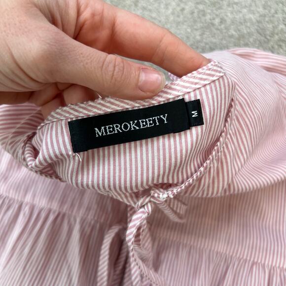 Striped Light Red Tie Bow Front Long Sleeve Blouse Top (Sz M) - Picture 4 of 11